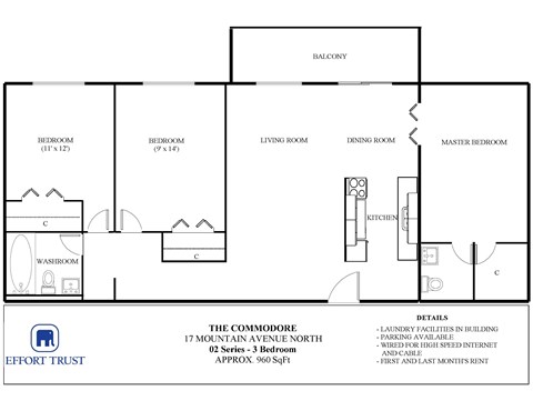 A floor plan for a 3 bedroom apartment with a laundry facility in the building.